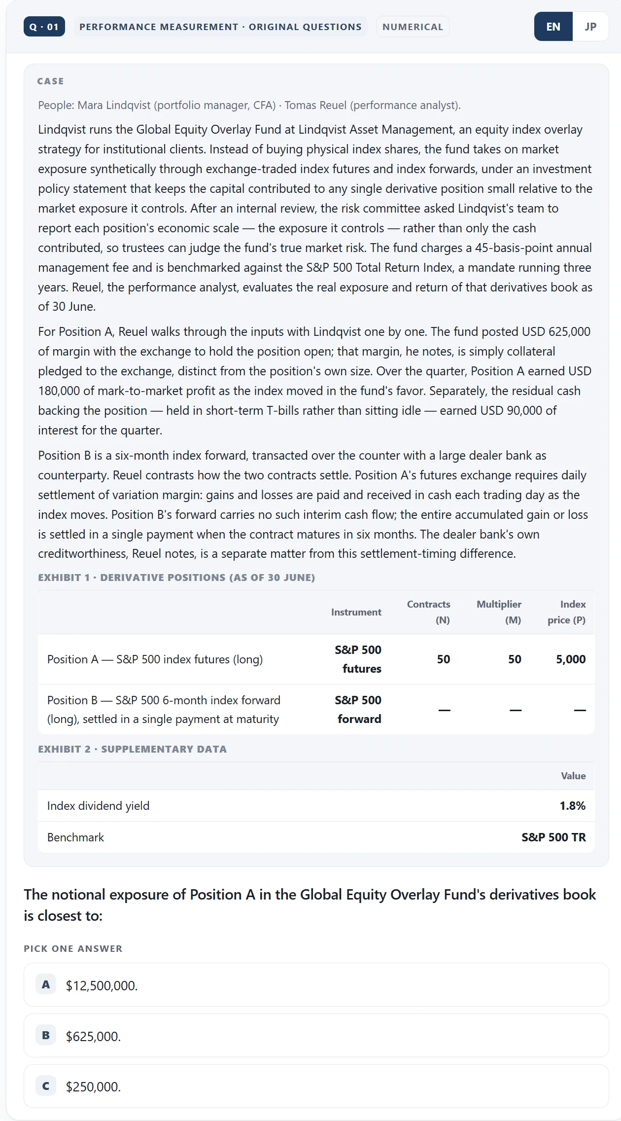 Screenshot of a full case: narrative, two data tables, and the question with its choices